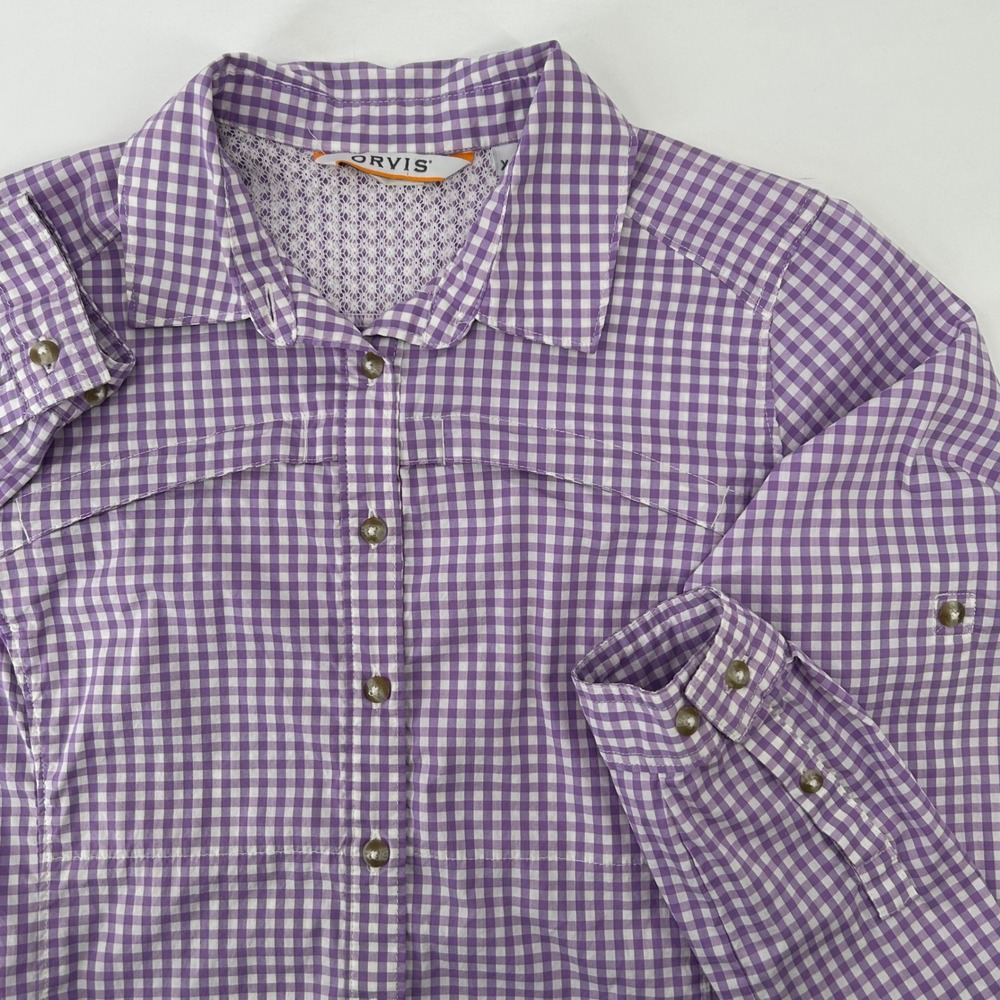 Orvis Button Down Shirt Womens XS Purple Gingham Plaid Roll Tab Hiking Tech Top